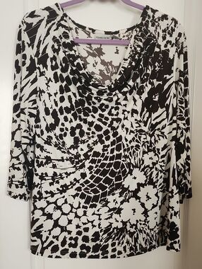 Chico's Brown and Off White Drape Neck Long Sleeve Top Size XL Chico's Size 3